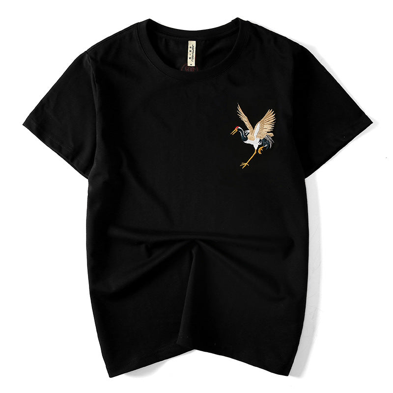 Embroidered Crane T-shirt, Japan Street Style (Unisex)