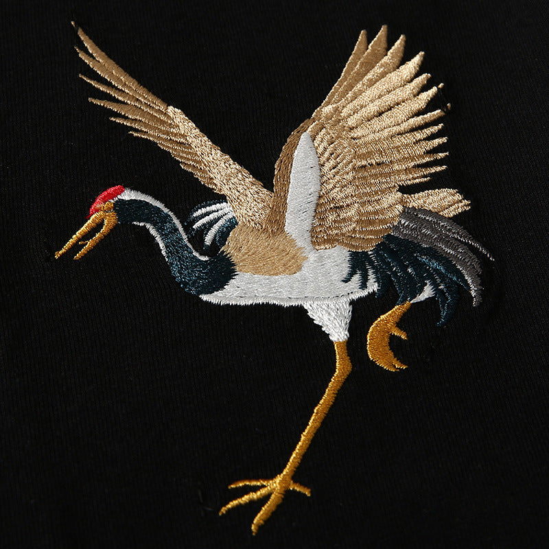 Embroidered Crane T-shirt, Japan Street Style (Unisex)