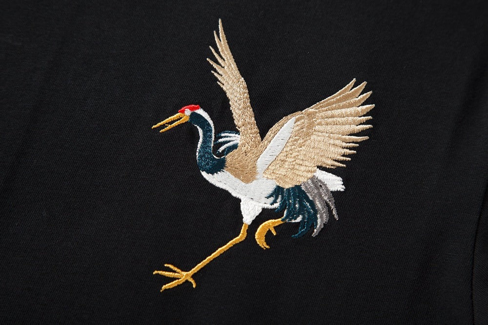 Embroidered Crane T-shirt, Japan Street Style (Unisex)