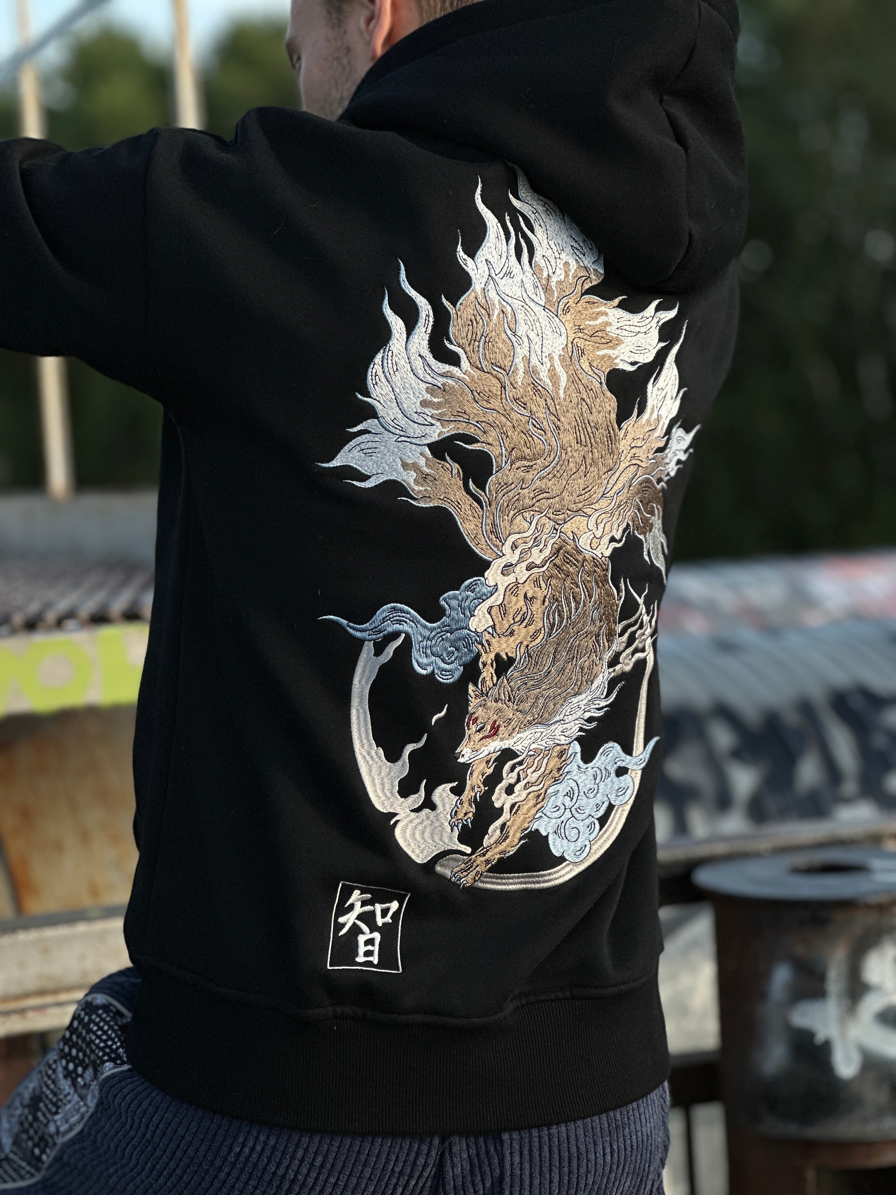 Heavy Embroidery Japanese Kitsune Fox Hoodie 400GSM