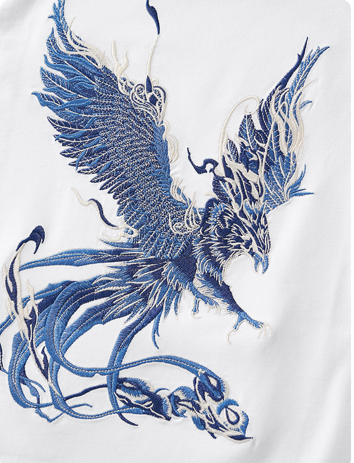 Azure Phoenix Embroidery T Shirt Cotton