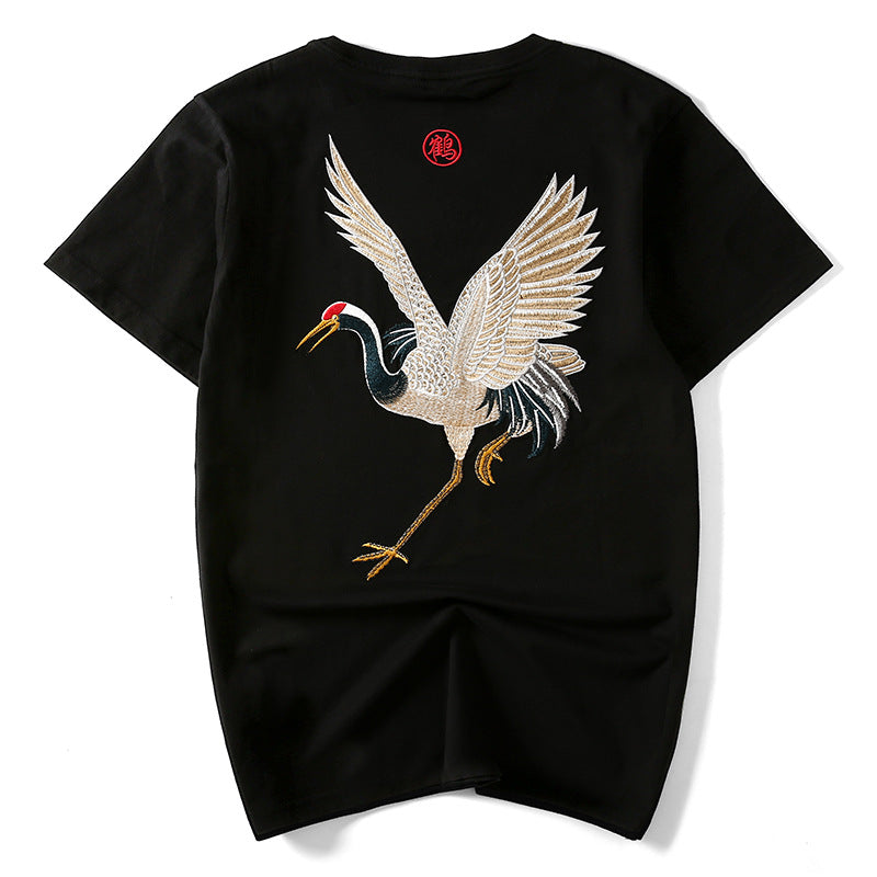 Embroidered Crane T-shirt, Japan Street Style (Unisex)