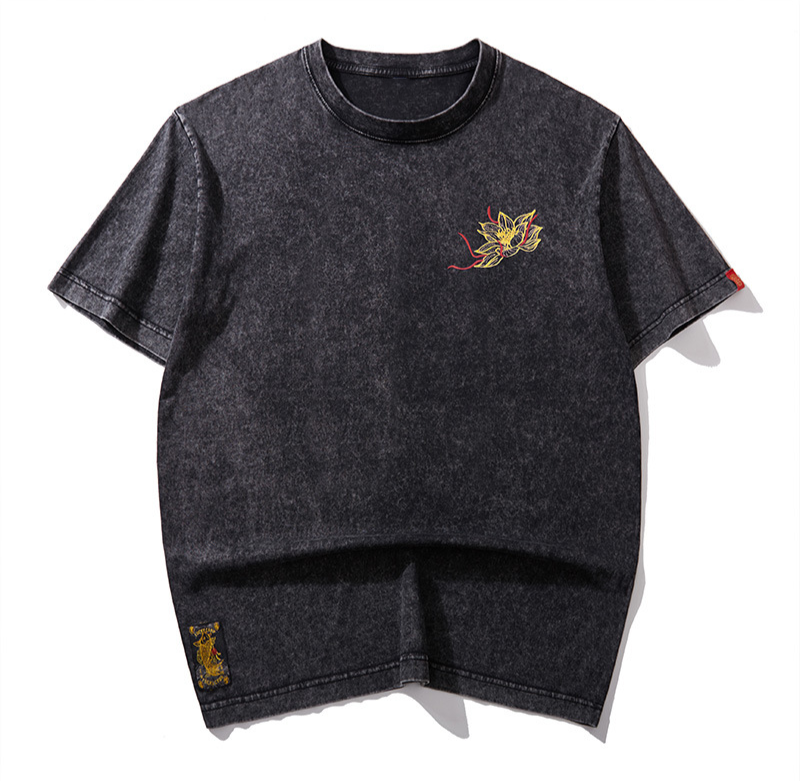 Washed Embroidered Lotus - Oriental Style T-Shirt